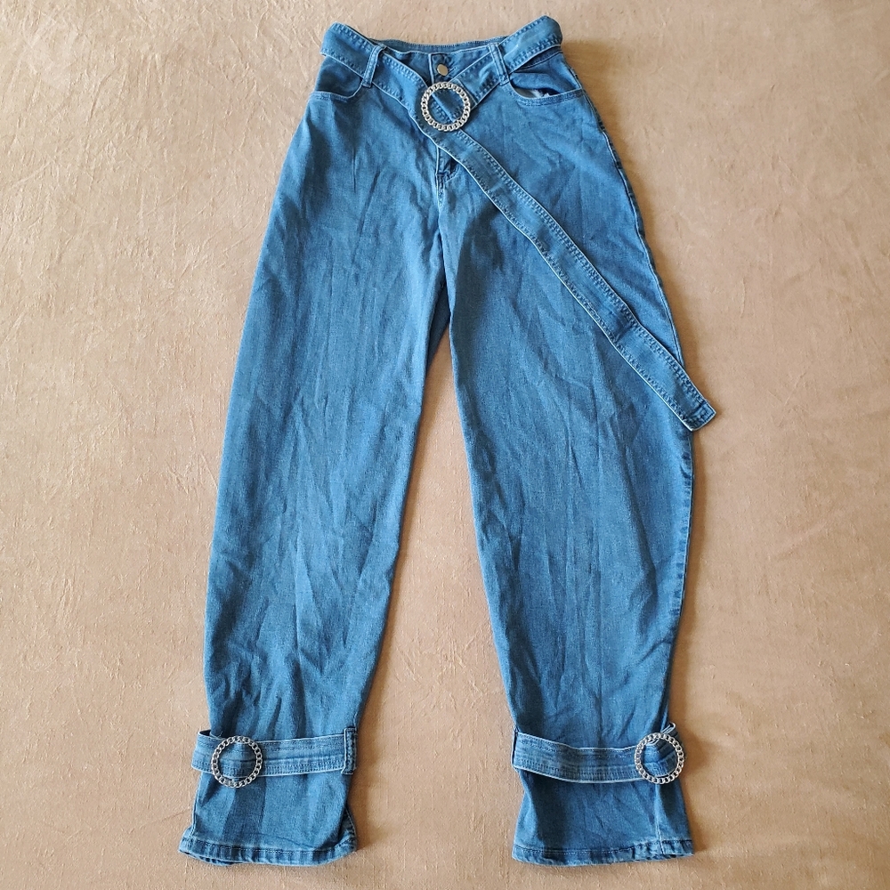 Fashion Nova Blue Wide Leg Flare Jeans with Decorative Buckles